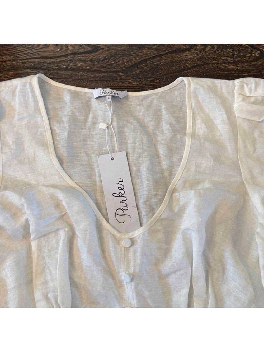 Parker Off White Linen Puff Sleeve Mini Dress Size 8 NWT Ivory - Picture 6 of 10